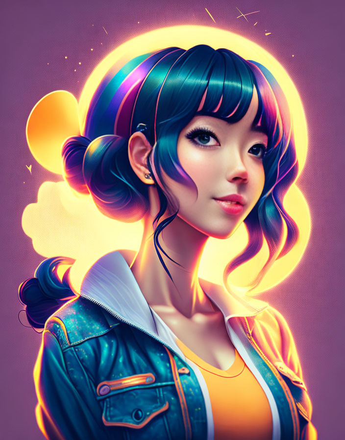 Colorful Hair Young Woman Illustration with Neon Outlines