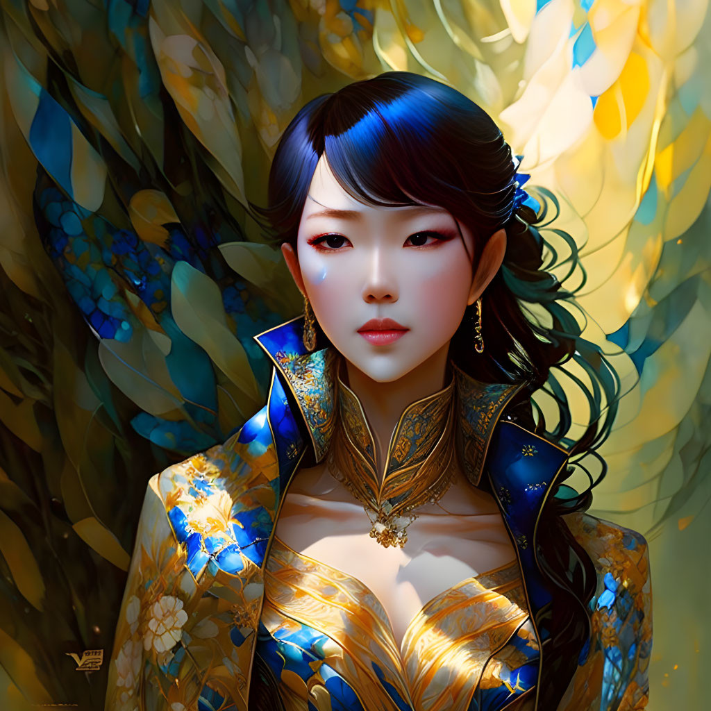 Digital Art Portrait: Woman in Gold and Blue Traditional Attire