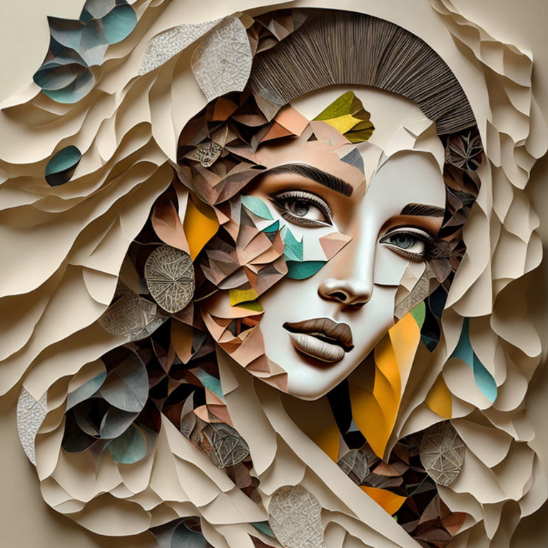 Intricate Paper Art: Woman's Face with Nature and Geometric Patterns