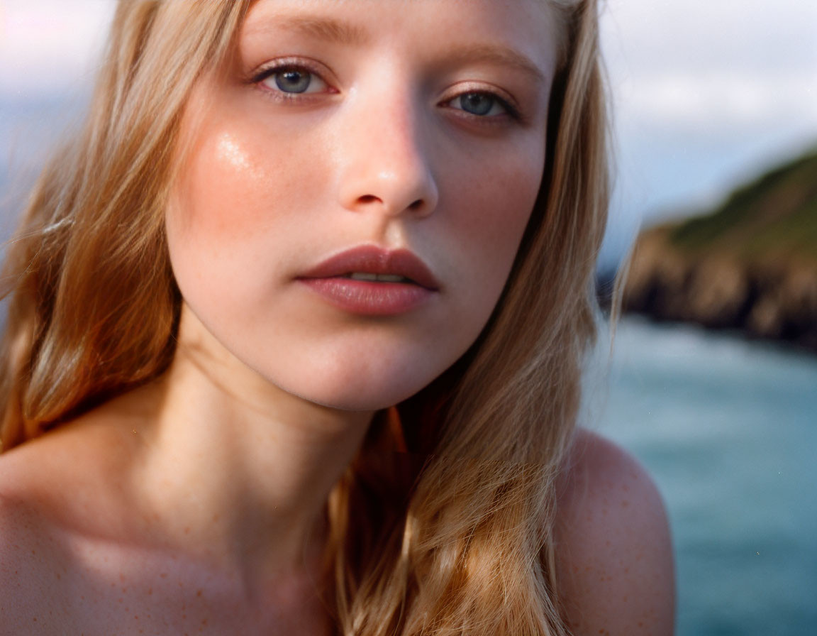 Blonde Woman with Fair Skin and Light Makeup Outdoors