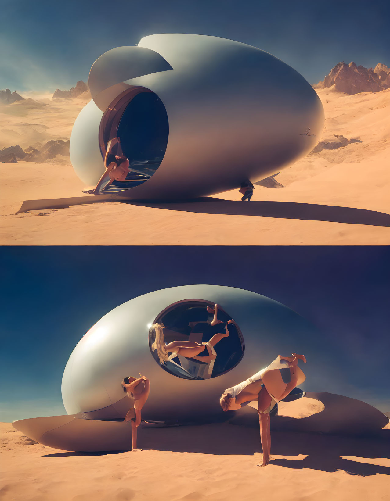 Futuristic egg-shaped structure in desert with people under blue sky