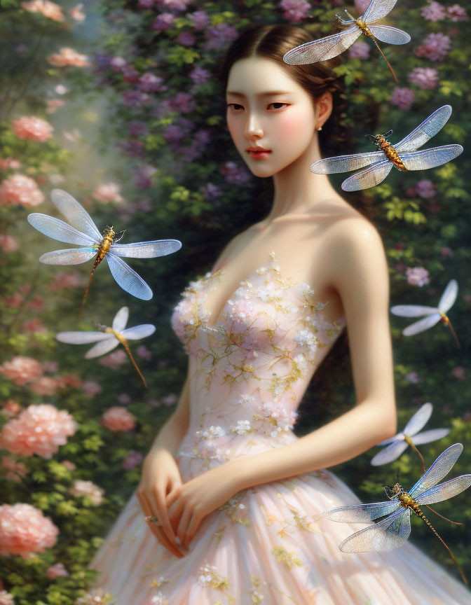 Digital artwork: Woman in floral dress with dragonflies and blooming trees.