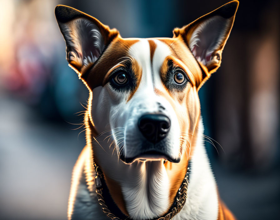 Brown and White Dog with Pointed Ears and Intense Eyes in Chain Collar