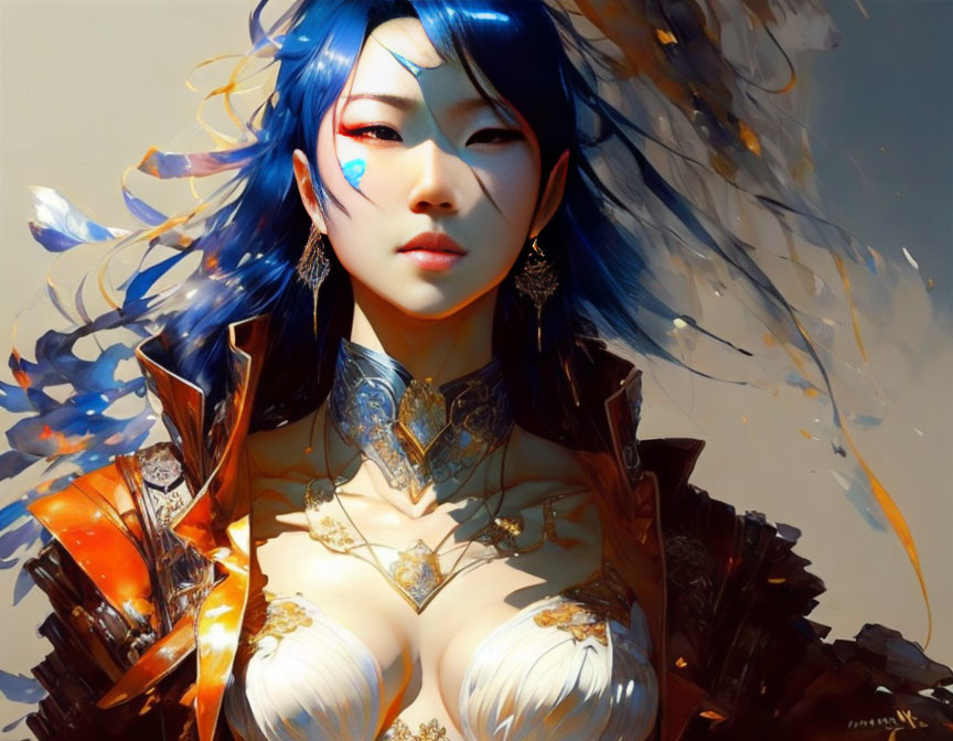 Fantasy female character with blue hair and intricate armor in digital artwork