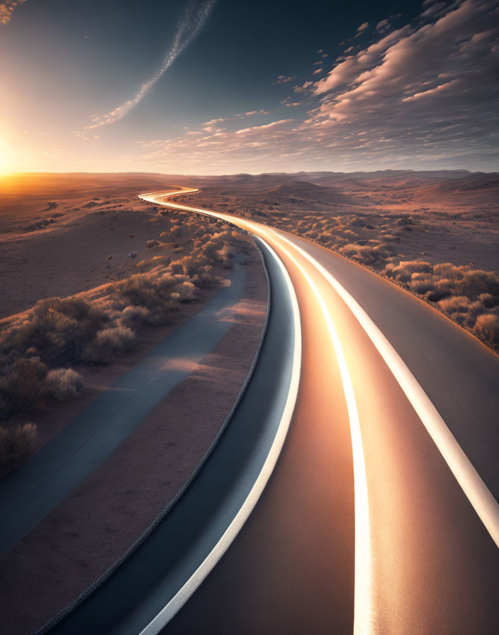 Curving Road in Desert Landscape at Sunset with Soft Clouds