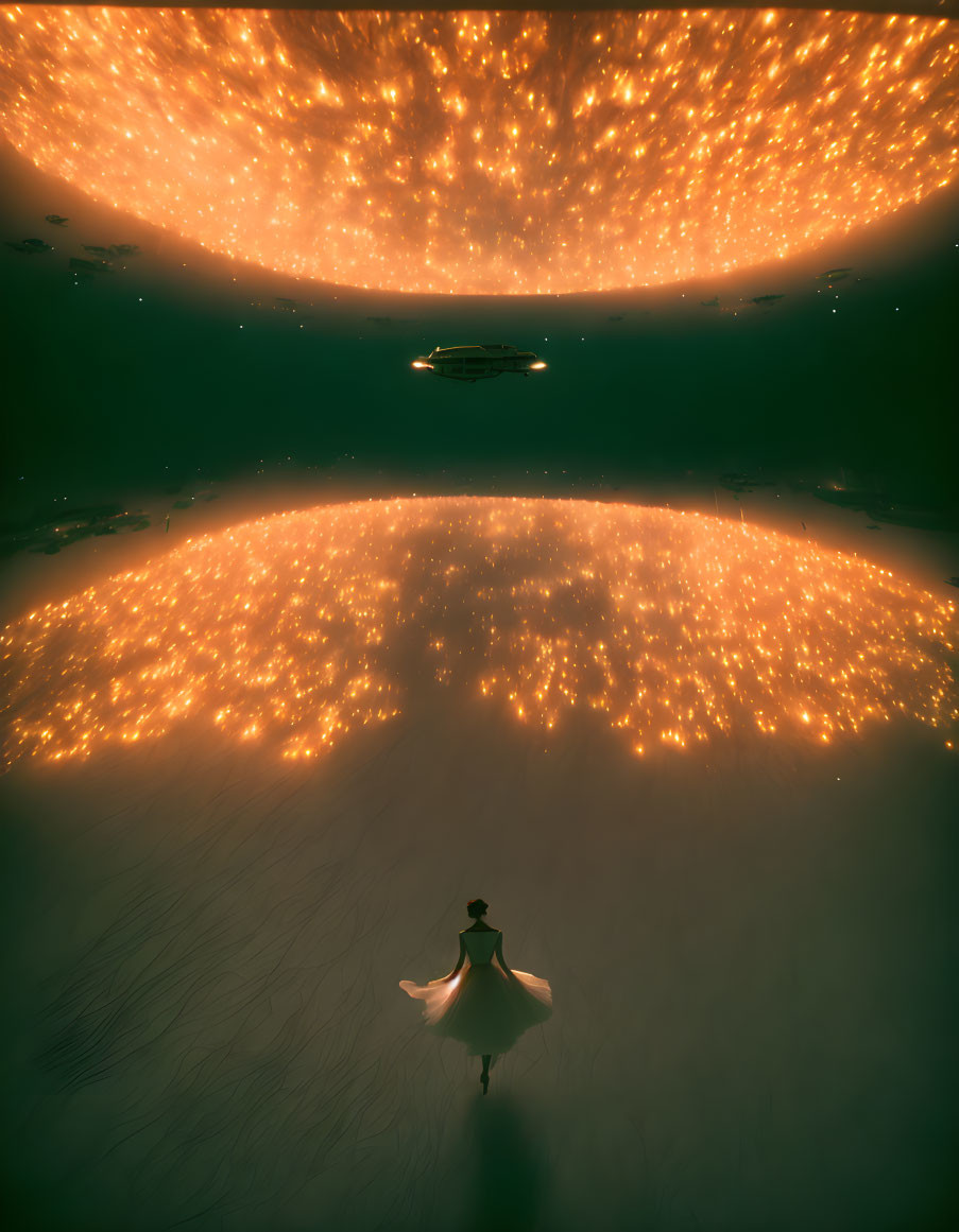 Sci-fi figure gazes at mesmerizing portal with hovering ships amid glowing energy spheres