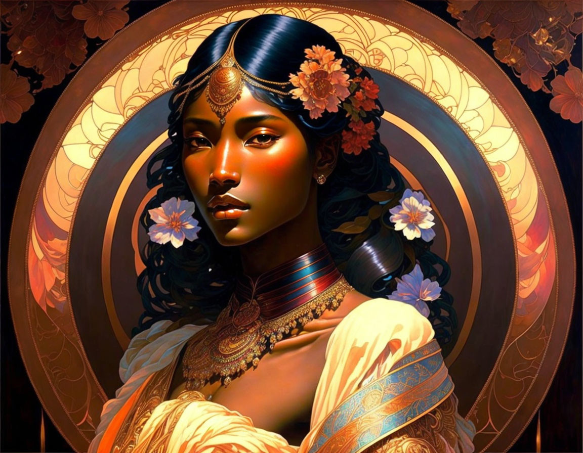 Dark-skinned woman in gold jewelry and headpiece on glowing backdrop