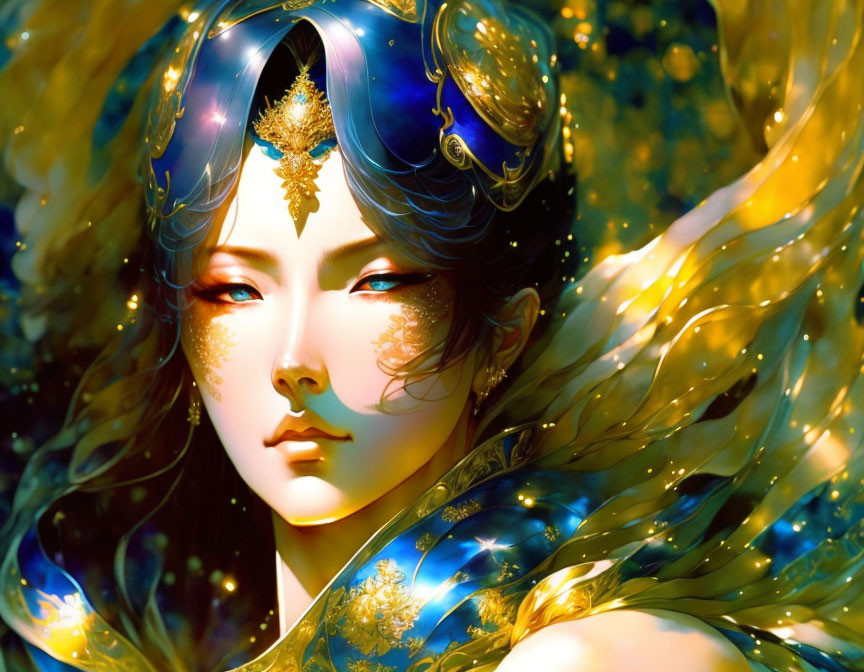 Mystical female figure with golden hair and celestial headdress