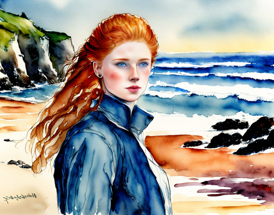 Watercolor painting of woman with red hair and blue eyes in blue jacket at beach with cliffs and waves