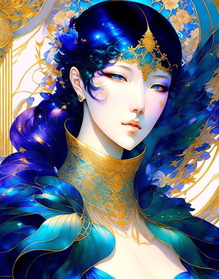 Illustrated portrait of a woman with blue hair and gold/blue flower adornments.