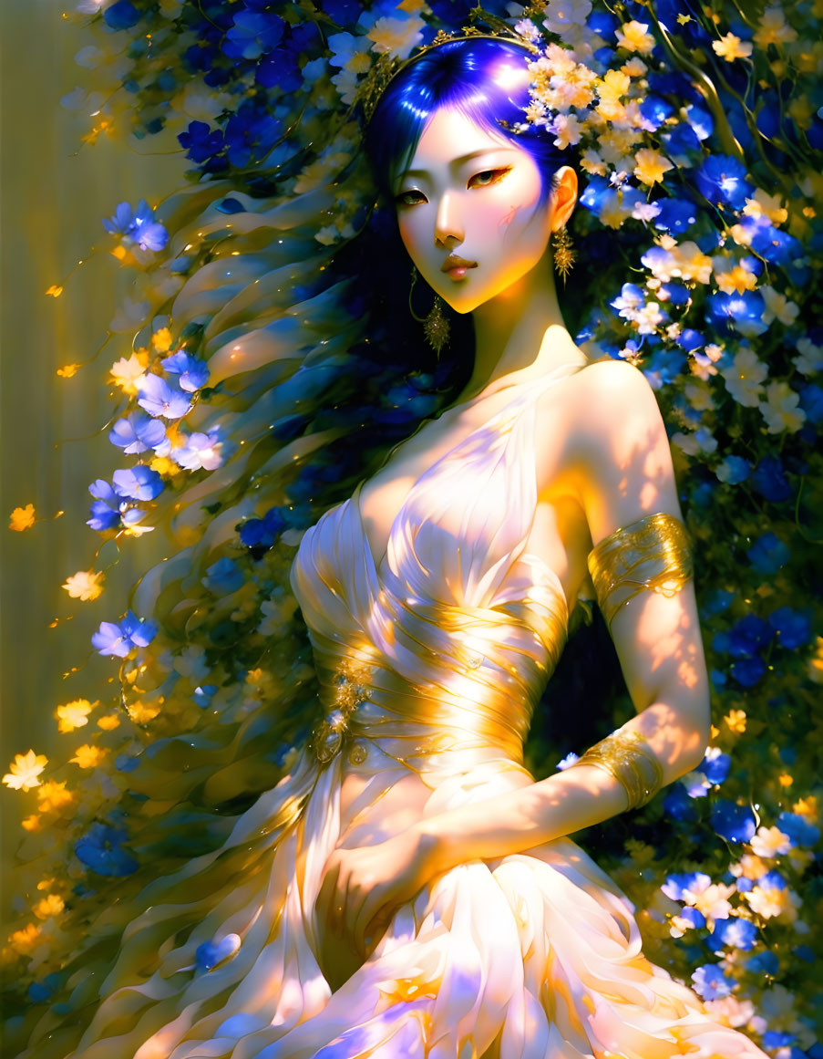 Woman with Blue Hair in Yellow Dress Surrounded by Blue Flowers