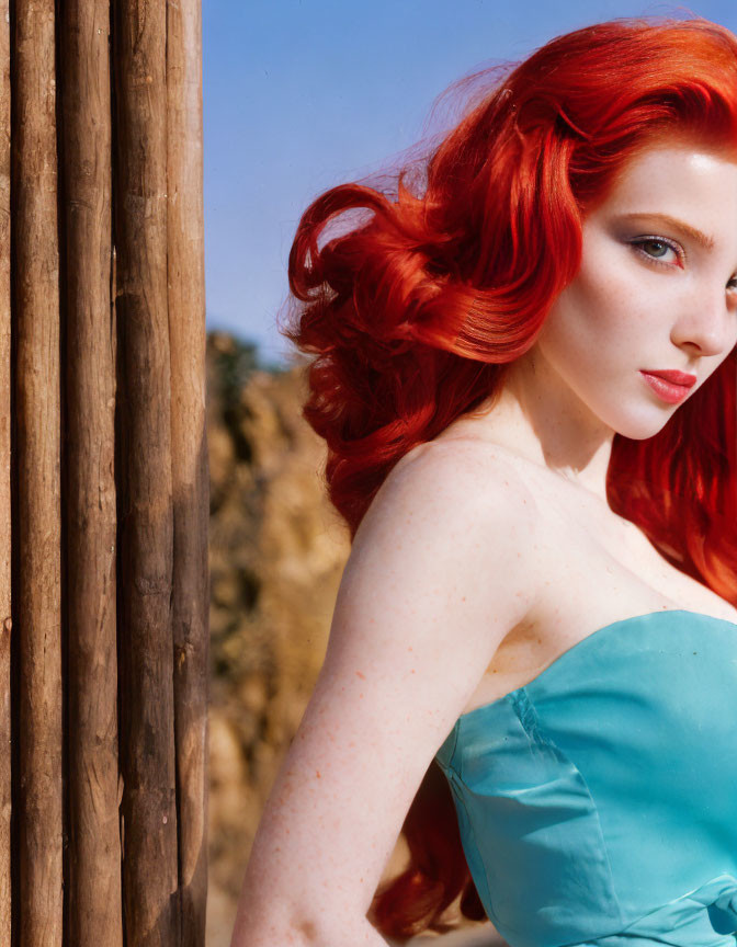 Red-haired woman in blue dress glancing back with blurred backdrop