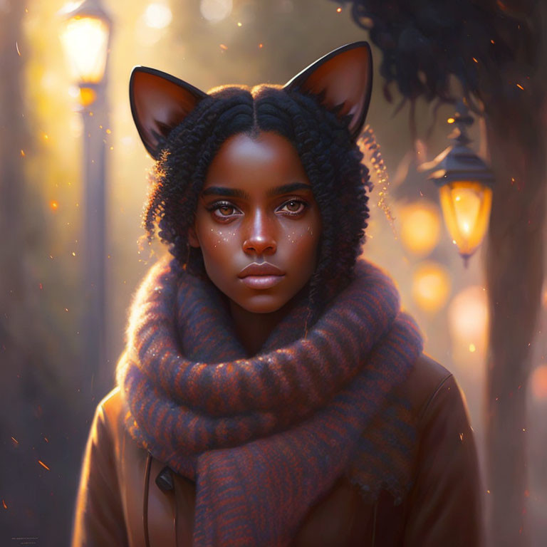 Digital Artwork: Girl with Cat-like Ears and Cozy Scarf