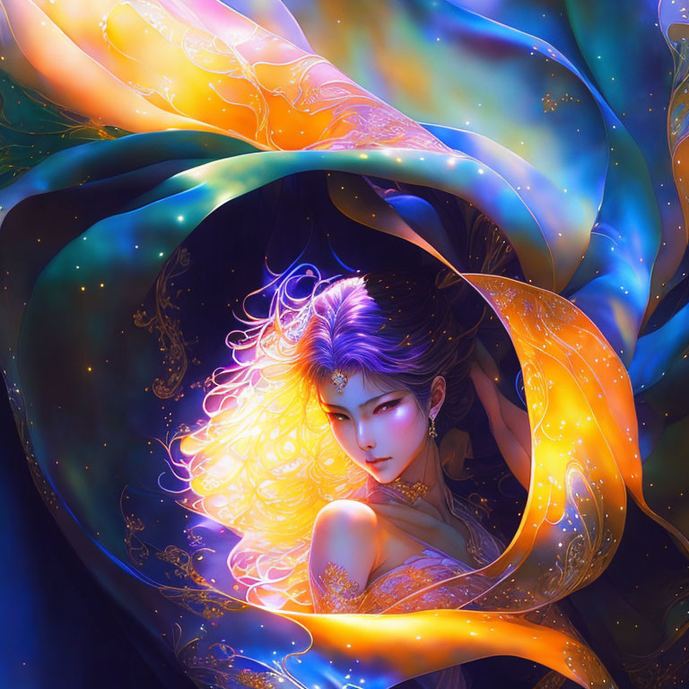 Mystical female figure with flowing ribbons in vibrant blue and orange hues