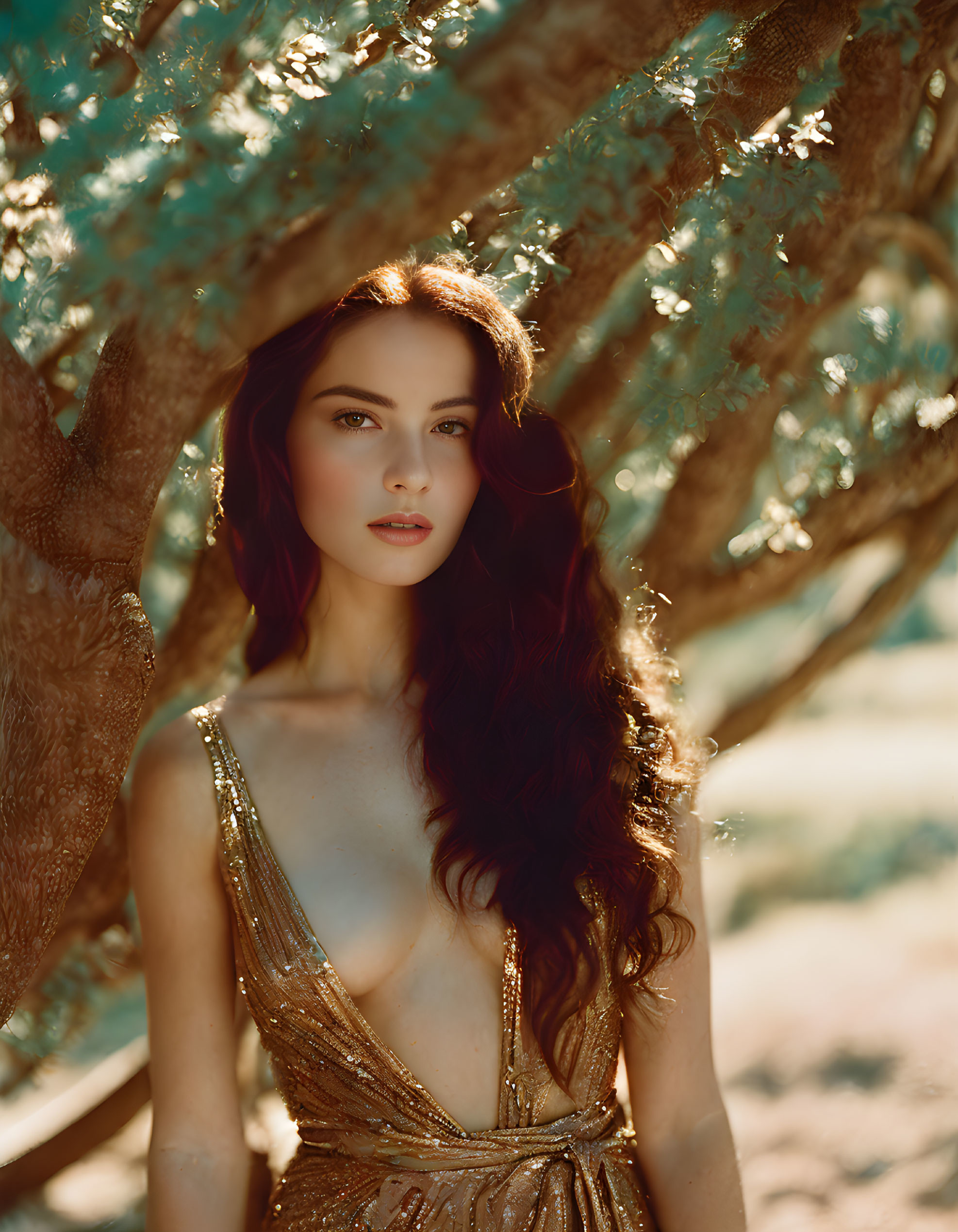 Woman in Golden Dress with Long Wavy Hair Under Tree with Sunlight