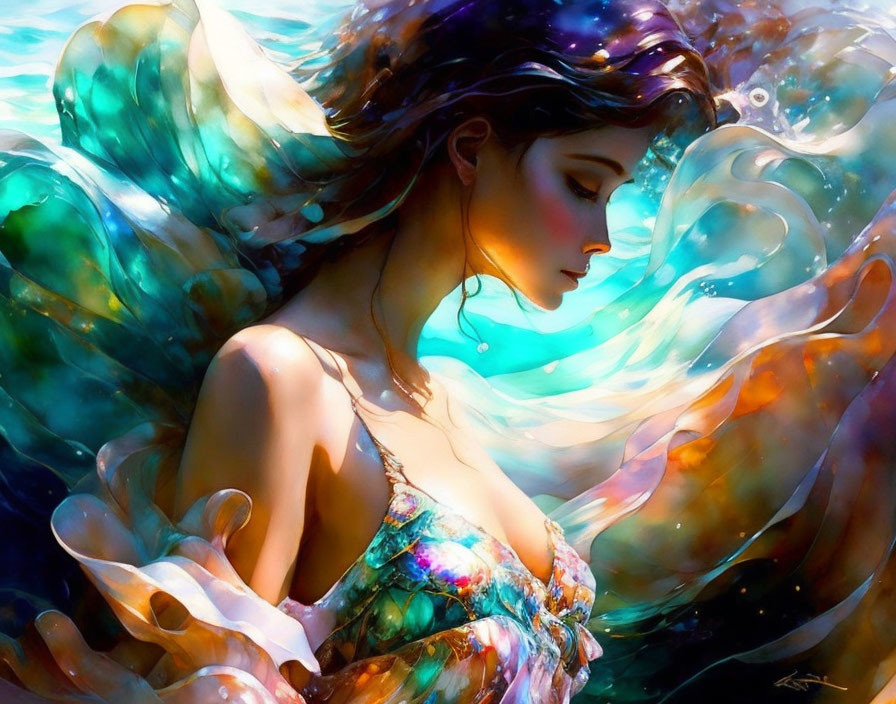 Woman with Ethereal Multi-Colored Wings in Abstract Swirl