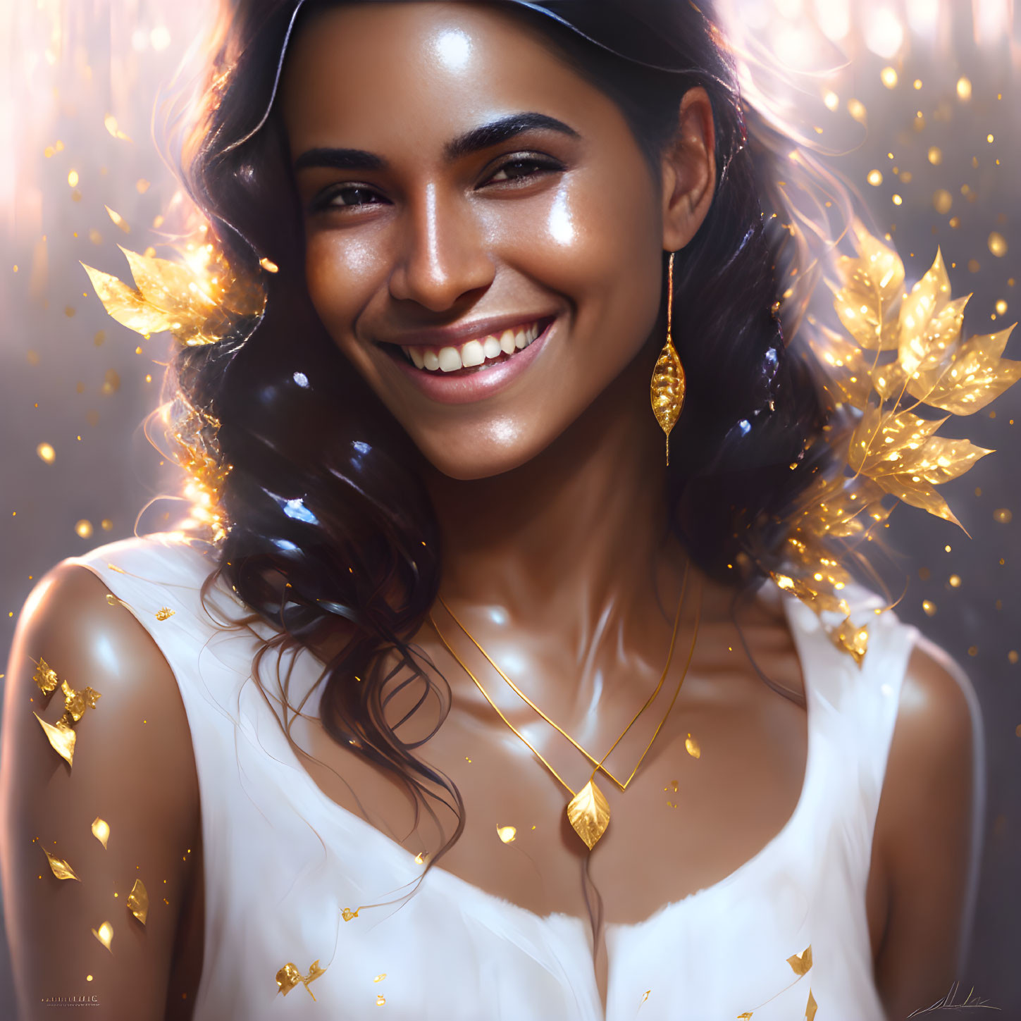 Radiant woman in golden leaf jewelry with twinkling lights