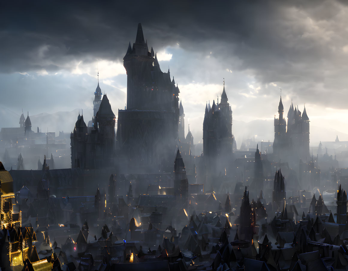 Gothic fantasy cityscape with towering spires under dark stormy sky