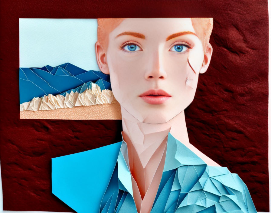 Surreal collage of woman with origami features on red background with blue-toned mountains