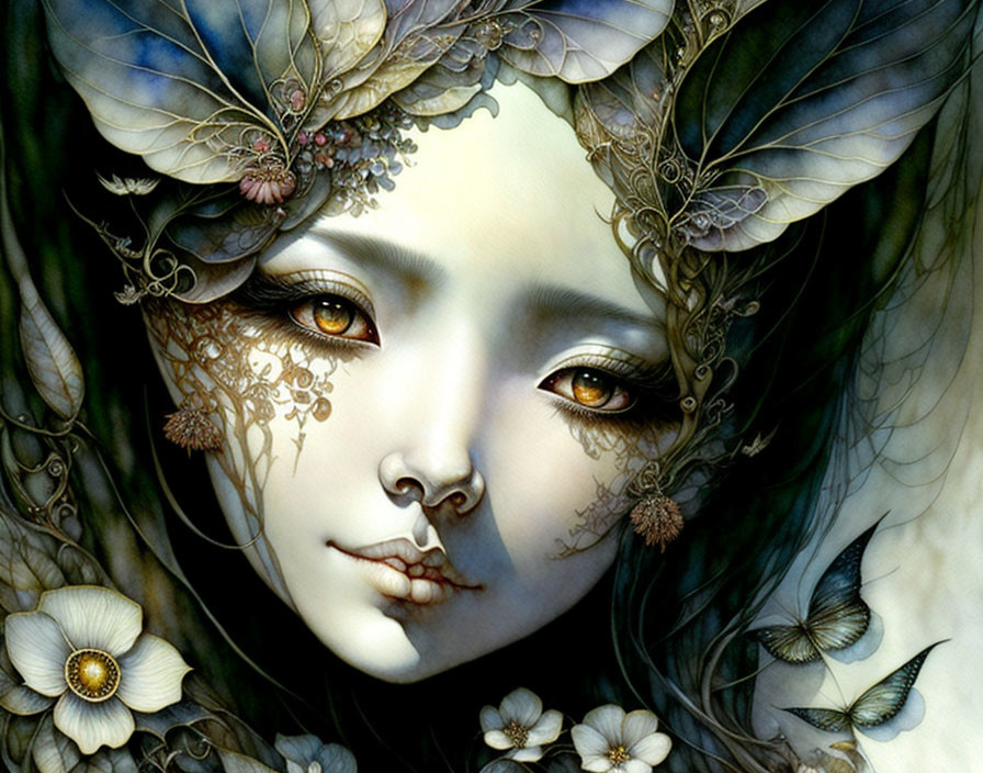 Detailed fantasy female figure with botanical and butterfly motifs on dark backdrop