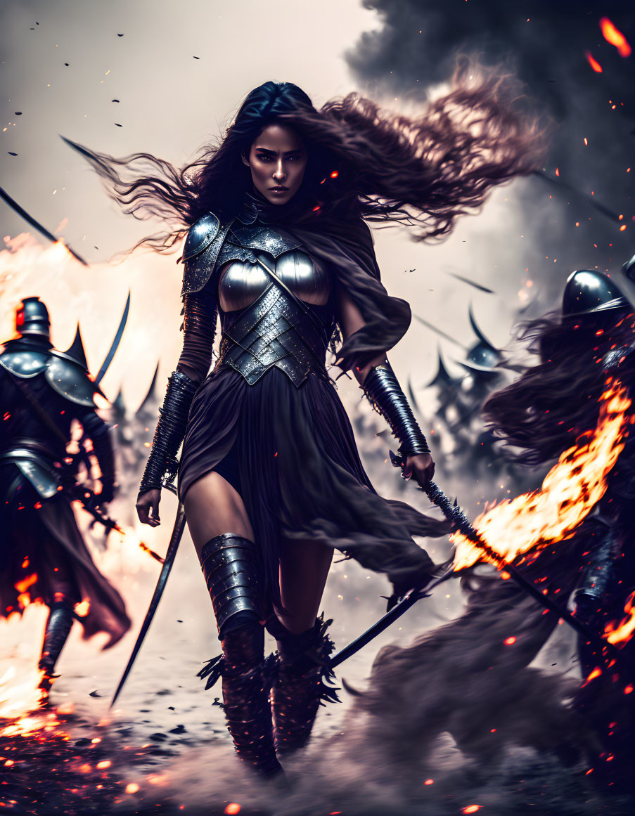 Warrior woman in battle armor amidst chaos and defeated enemies