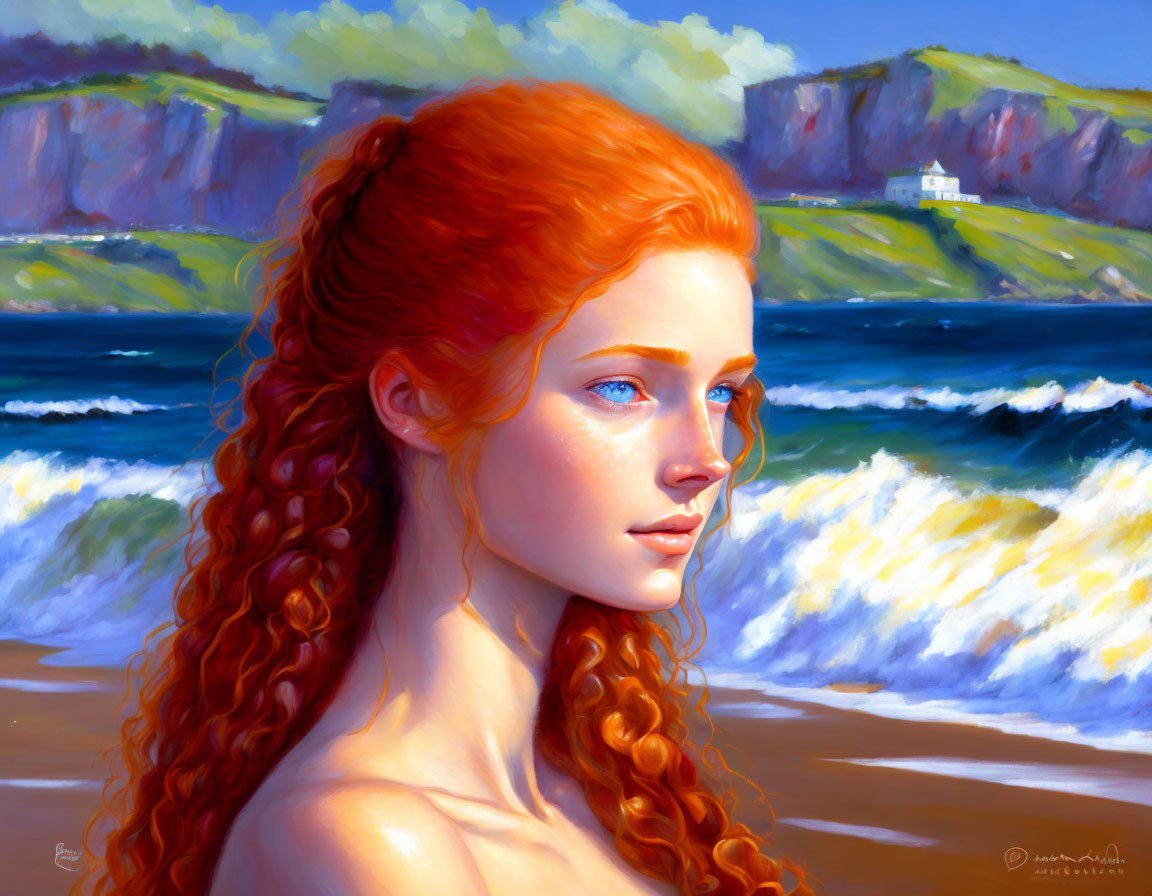 Red-haired woman portrait on sunny beach with lighthouse