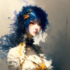 Portrait of a person with blue hair and golden eye makeup on neutral background