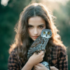 Woman with Wavy Hair Holding Owl Against Green Background