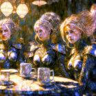 Fantasy elf warriors in intricate armor at mystical tea party