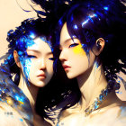 Ethereal digital art: two dark-haired figures with blue highlights and gold accessories