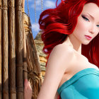 Red-haired woman in blue dress glancing back with blurred backdrop