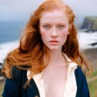 Red-haired woman in navy coat by coastal cliffs