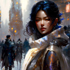 Vibrant digital artwork: Female character with blue-black hair, gold and blue armor, surrounded by