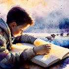 Child reading by frozen lake near ice fisher in snowy landscape