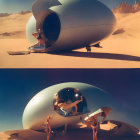 Futuristic egg-shaped structure in desert with people under blue sky