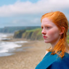 Surreal portrait of woman with golden diadem and blue cloak