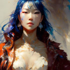 Fantasy female character with blue hair and intricate armor in digital artwork