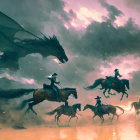 Cowboy and horse face dragons in dramatic setting.