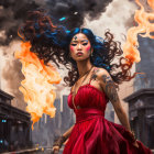 Warrior woman with tattoos in red attire against post-apocalyptic cityscape