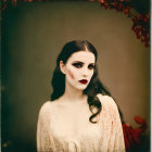 Vintage-style photograph featuring person with pale makeup, dark lipstick, and gothic aesthetic with aged effects and