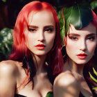 Colorful dyed hair women in sunlit foliage.