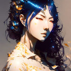 Illustrated portrait of woman with blue hair and golden floral accessories