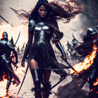 Warrior woman with blue hair in dark armor wields sword in fiery dystopian setting