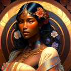 Dark-skinned woman in gold jewelry and headpiece on glowing backdrop