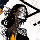 Dark-haired woman in abstract portrait with geometric shapes and yellow-black paint splashes