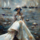 Woman in white dress and hat in fantastical seascape with jellyfish and sailing ships