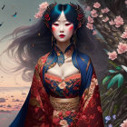 Artistic East Asian-inspired fantasy illustrations of women in traditional attire with stylized insects on serene backgrounds.