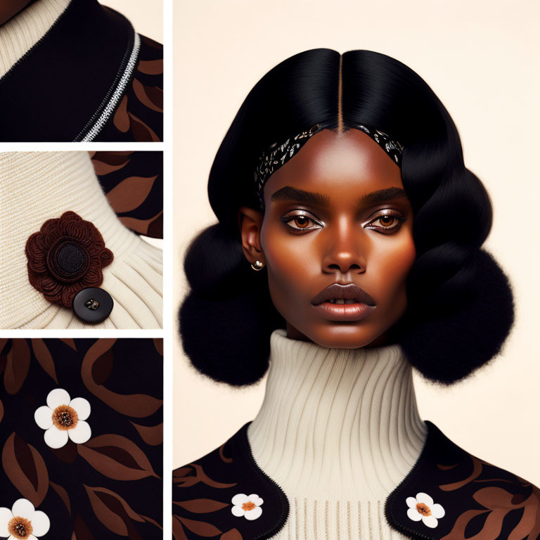 Symmetric black hair woman in beige turtleneck with floral details