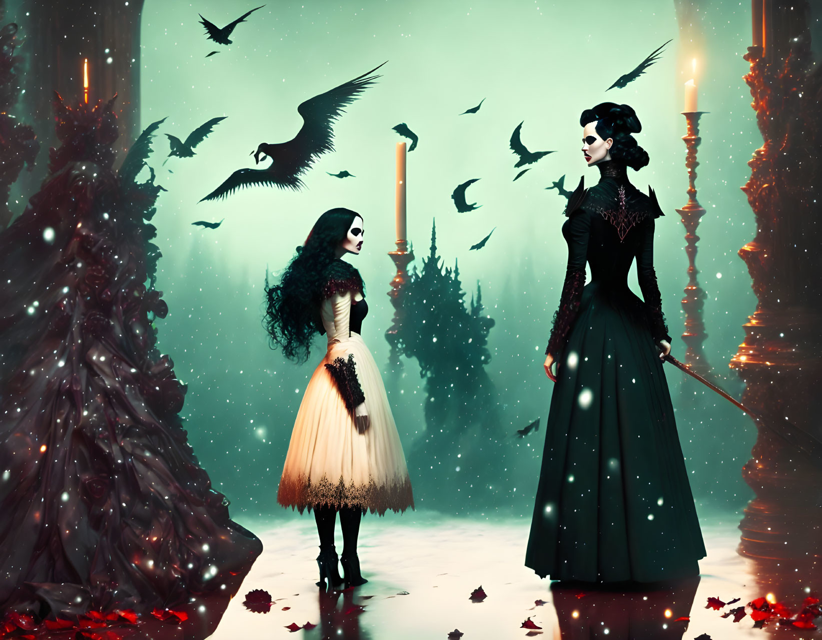 Gothic women in Victorian dresses in dimly lit forest with crows