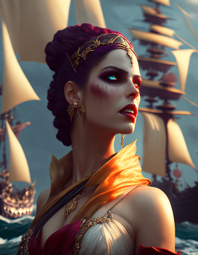 Regal woman with dramatic makeup and braided updo in gold jewelry against ship backdrop